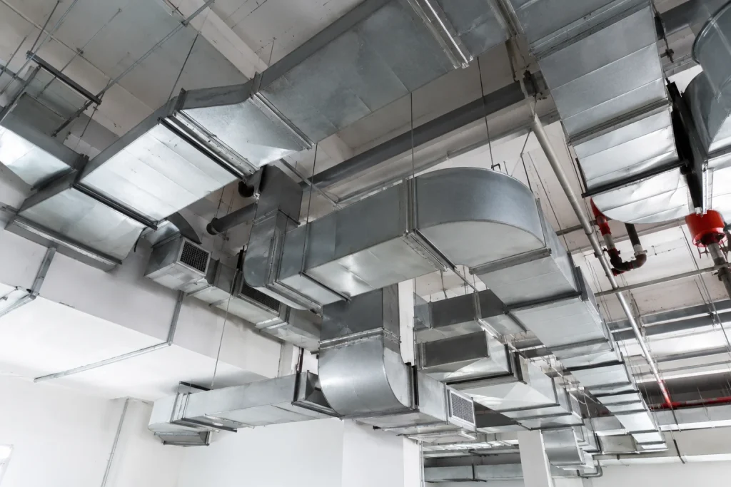 Industrial HVAC ductwork installed on a ceiling
