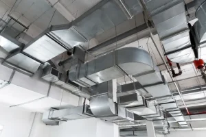 Industrial HVAC ductwork installed on a ceiling