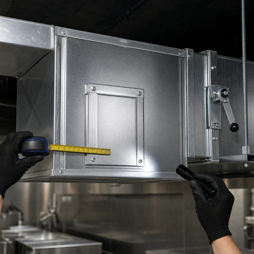 Access panel and damper on clean commercial kitchen extraction ductwork.