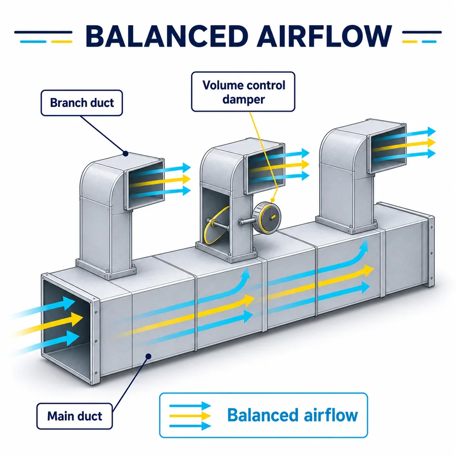 Diagram showing how a volume control damper helps balance airflow in ductwork