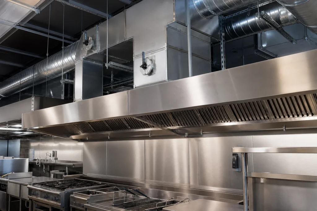 Commercial kitchen canopy connected to clean rectangular and spiral extraction ductwork
