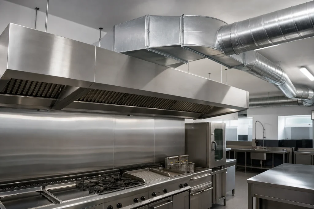 Commercial kitchen canopy connected to rectangular and spiral ductwork.