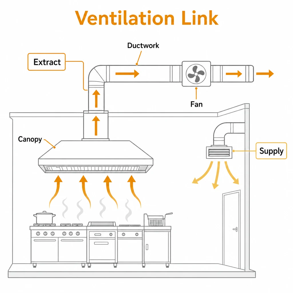 Diagram linking kitchen extraction ductwork with supply ventilation.
