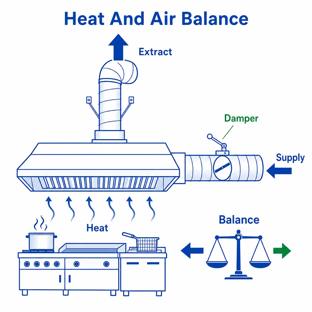 Diagram showing extraction air and supply air balance in a kitchen
