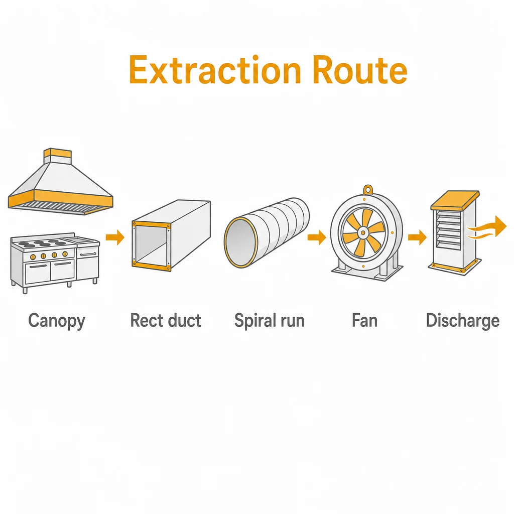 Diagram showing extraction air moving from canopy through ductwork to discharge.