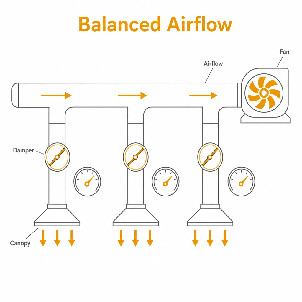 Graphic of dampers balancing airflow through a kitchen extraction duct run.
