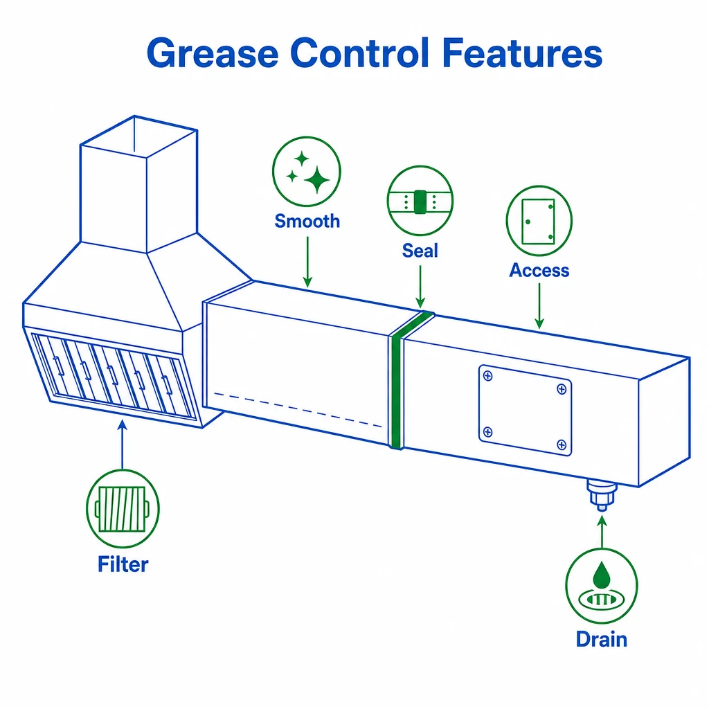 Graphic of grease control features in kitchen extraction ductwork