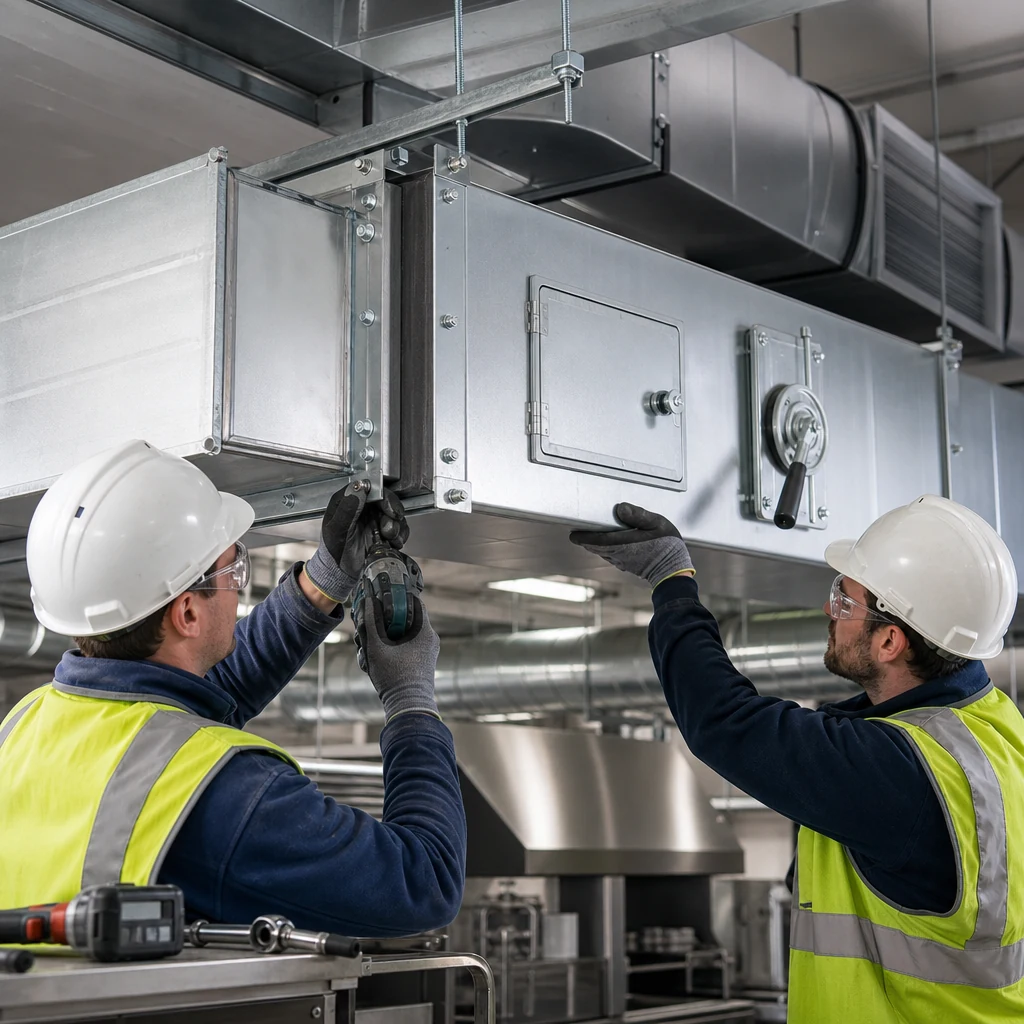 Installers fitting sealed rectangular ductwork with access panels and dampers