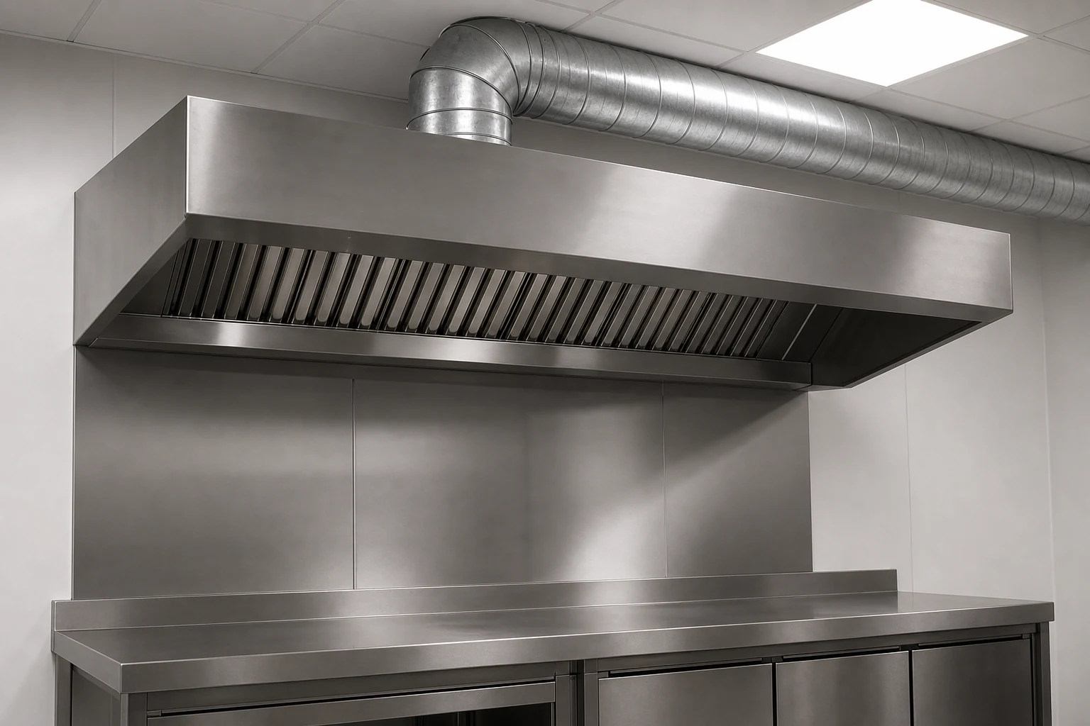 Clean commercial kitchen extraction canopy connected to ductwork.