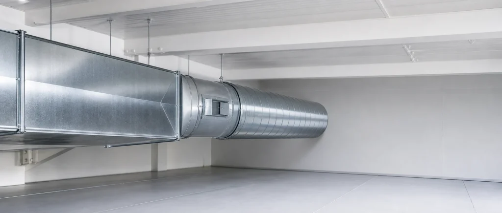 Clean sealed commercial ductwork in a tidy ceiling void.