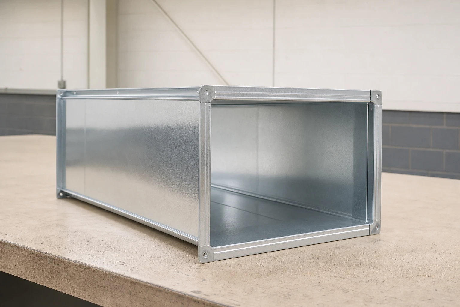 Neatly fabricated rectangular ductwork with clean flanged joints.