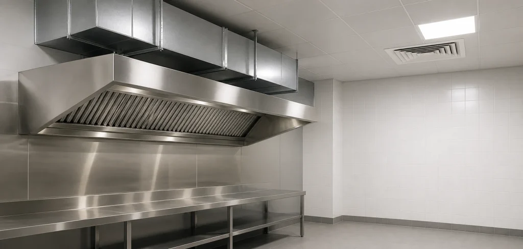 Clean commercial kitchen canopy with ductwork and make up air grille.