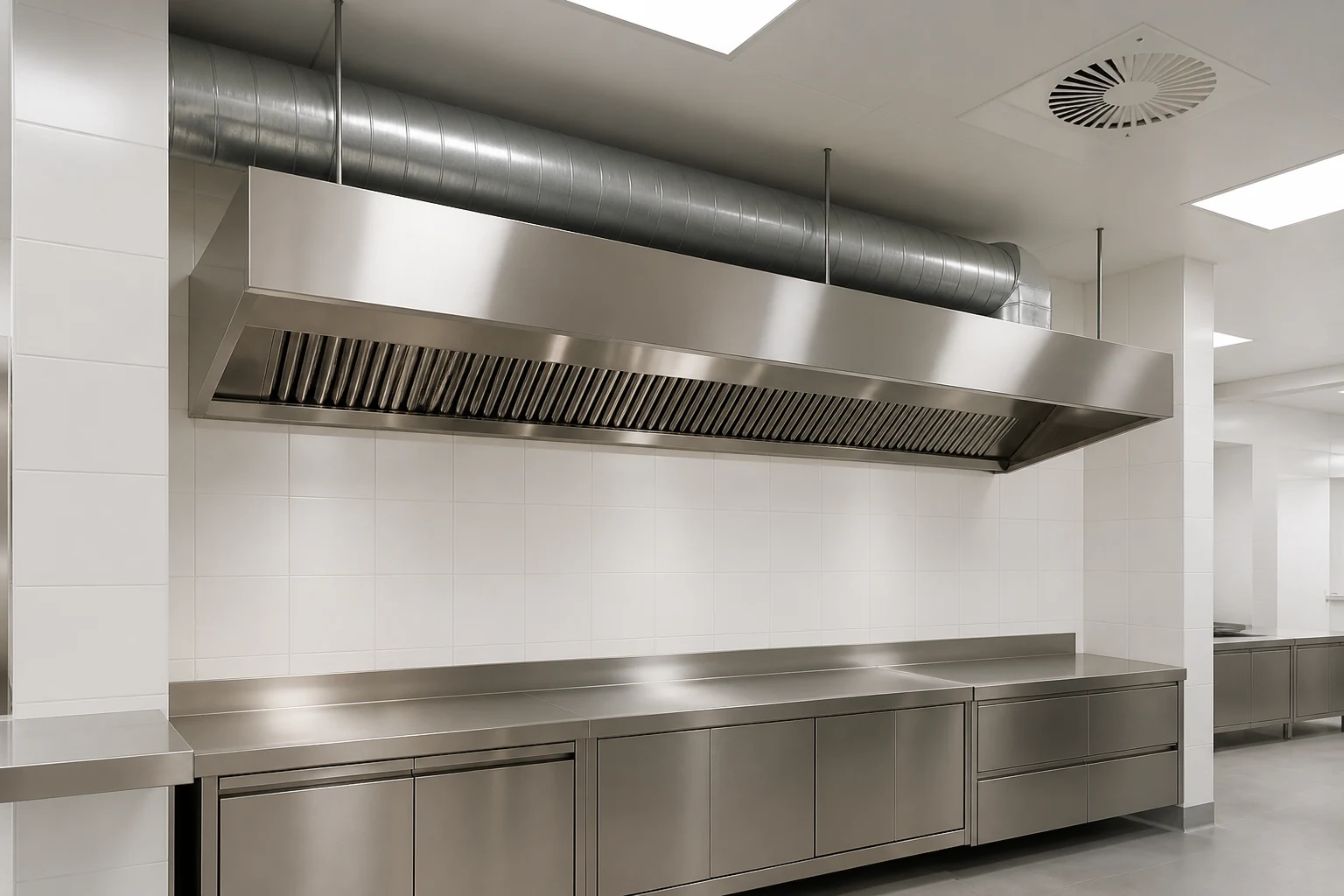 Stainless kitchen extraction canopy with neat ductwork and supply air diffuser.