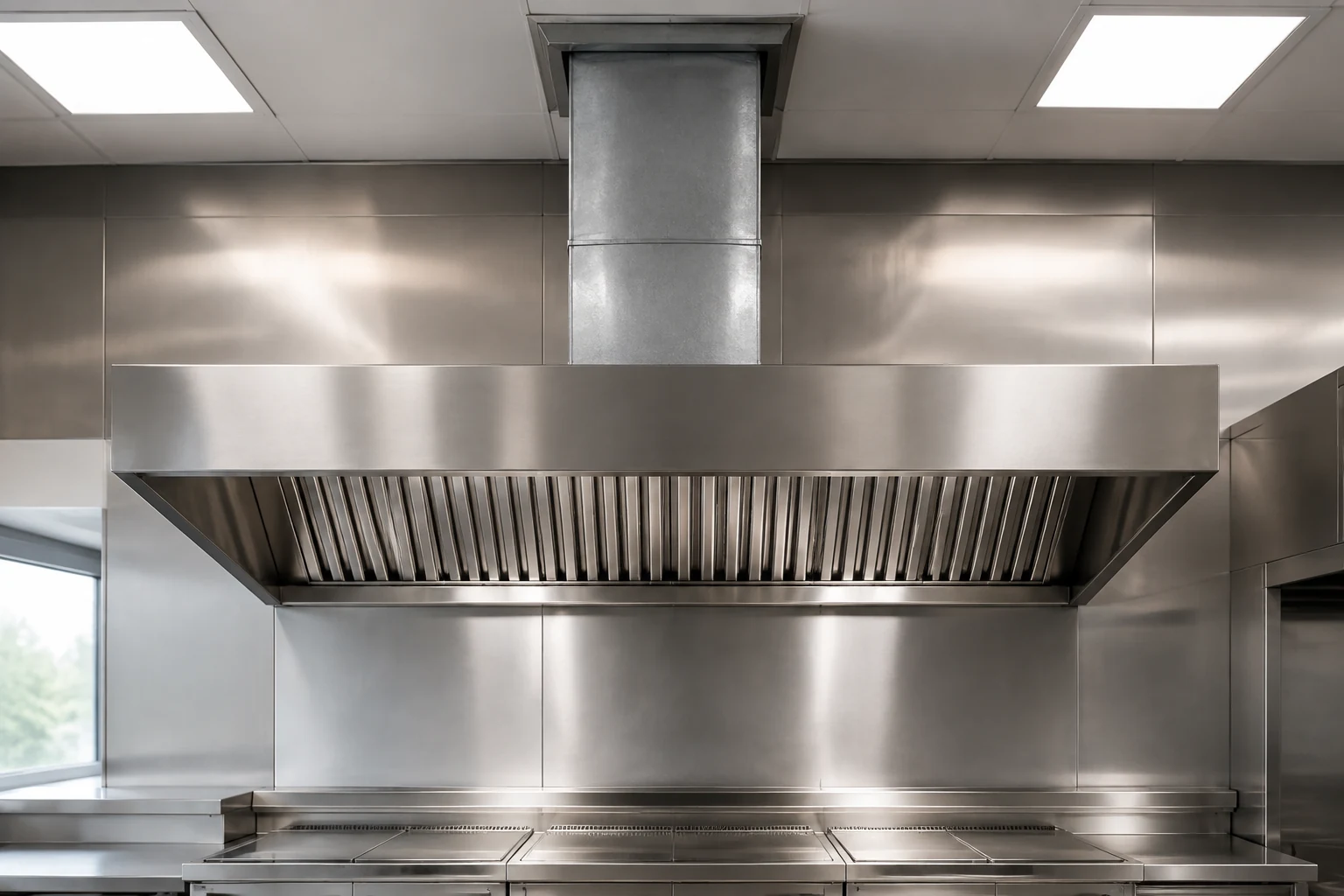 Commercial kitchen extraction canopy connected to ductwork.